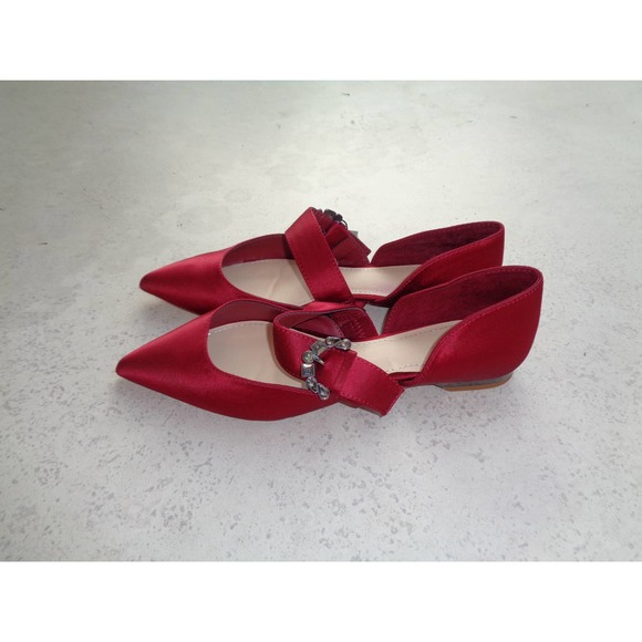 ZARA BALLERINAS GEM RHINESTONE BUCKLE SATIN RED FLATS SHOES. 6 - Picture 6 of 9
